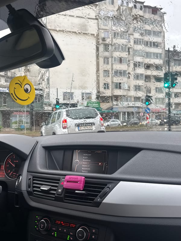 Rainy street view through car windshield in Veliko Tarnovo