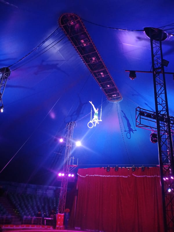 Aerial hoop handstand act inside a Venezuelan circus tent