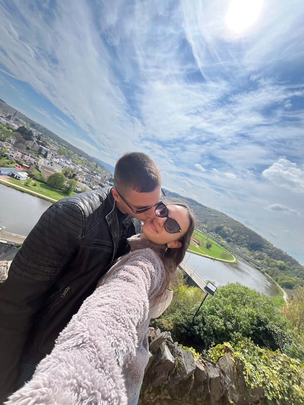 Couple documents tourist visit to Saarburg with selfies, aerial shots