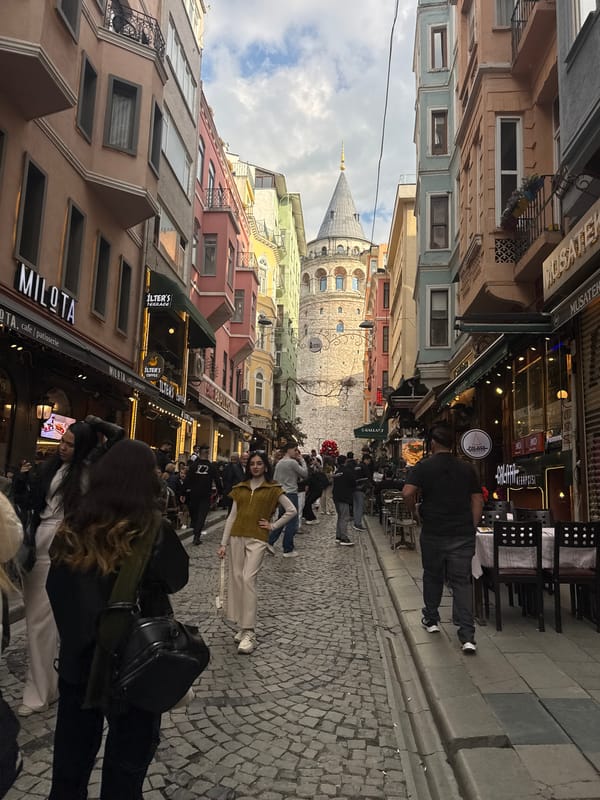 Street scene captured in Beyoğlu with Galata Tower visible