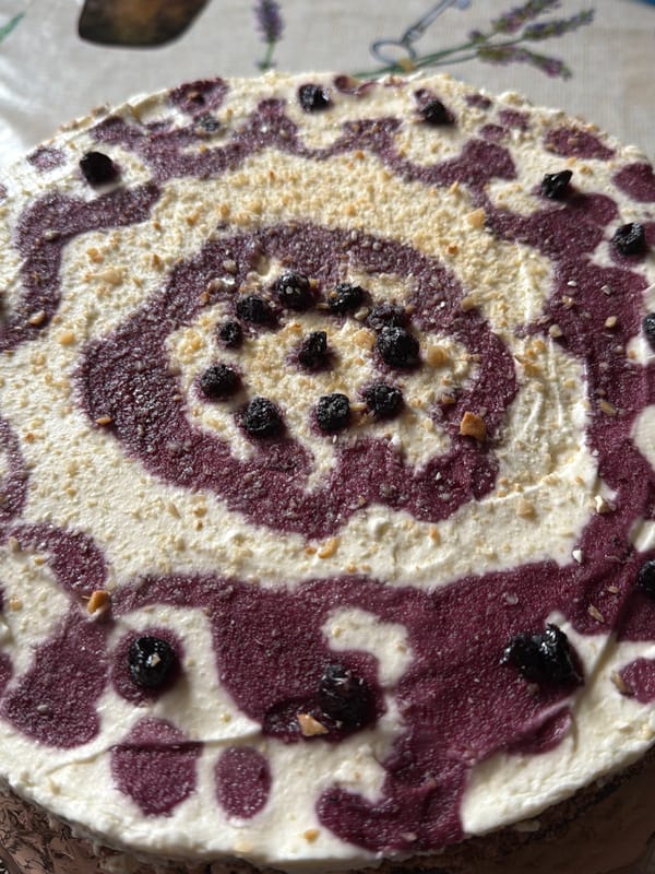 Blueberry cheesecake photographed from overhead in Stara Zagora, Bulgaria