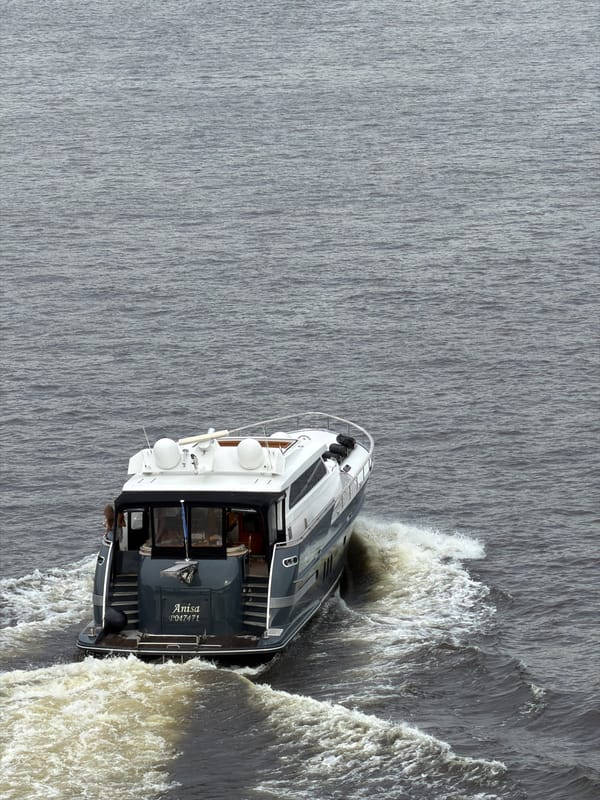 Boat traffic on the Neva River under an overcast Saint Petersburg sky