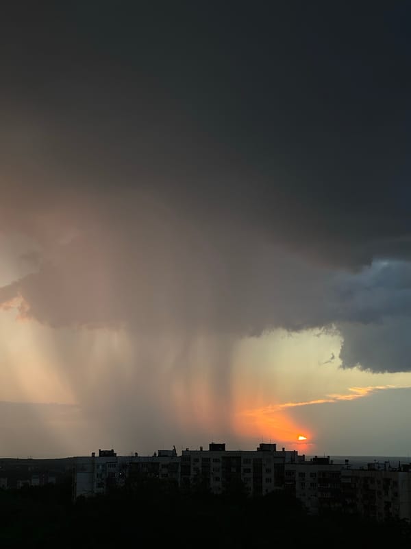 Sunset observed through storm clouds in Pleven, Bulgaria