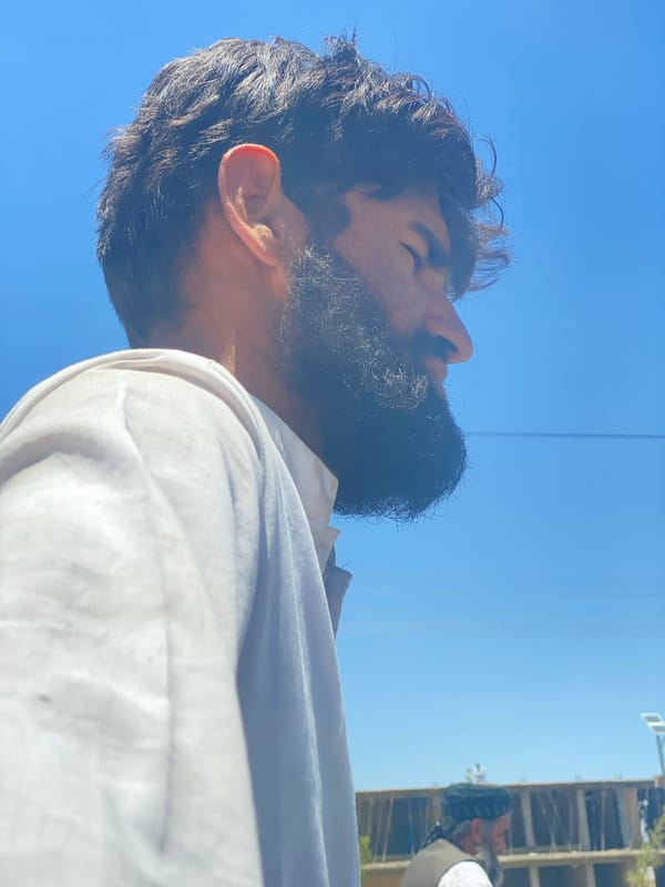 Profile shot against blue sky near a Kandahar construction site
