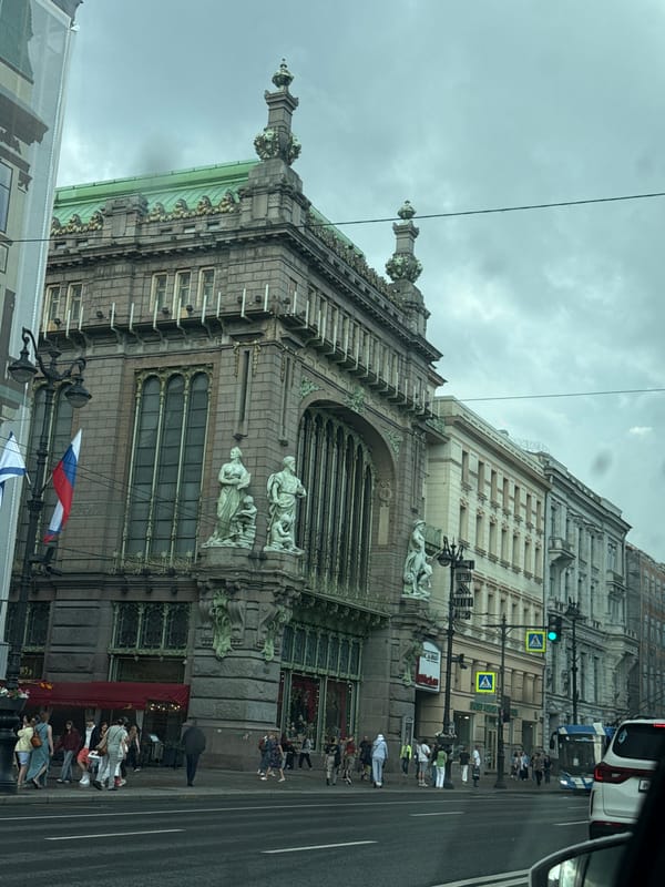 Tourist captures iconic Singer House views on cloudy Petersburg afternoon