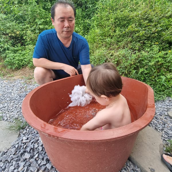 Summer day at a rural South Korean property, toddler tub time