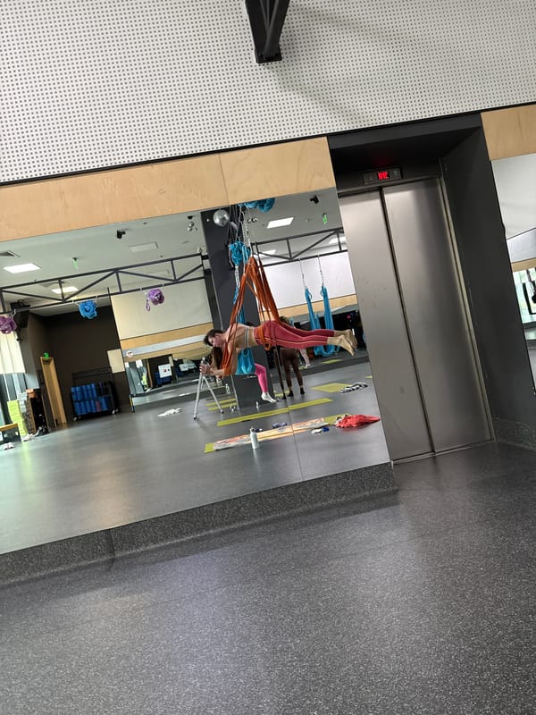Woman practices aerial fitness upside down in mirrored studio