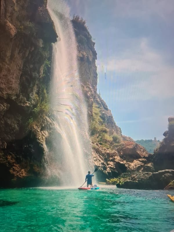 Coastal waterfall scenes captured during sunny morning conditions
