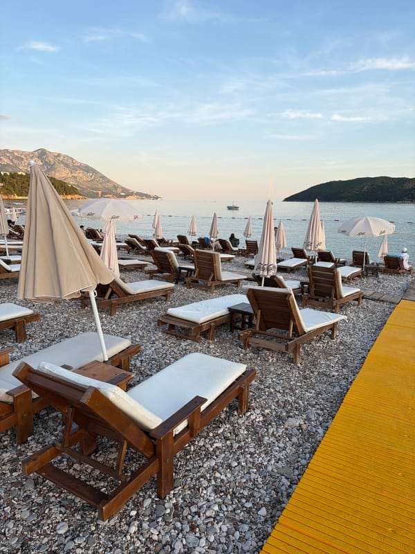 Evening beach and restaurant scenes documented in Budva, Montenegro