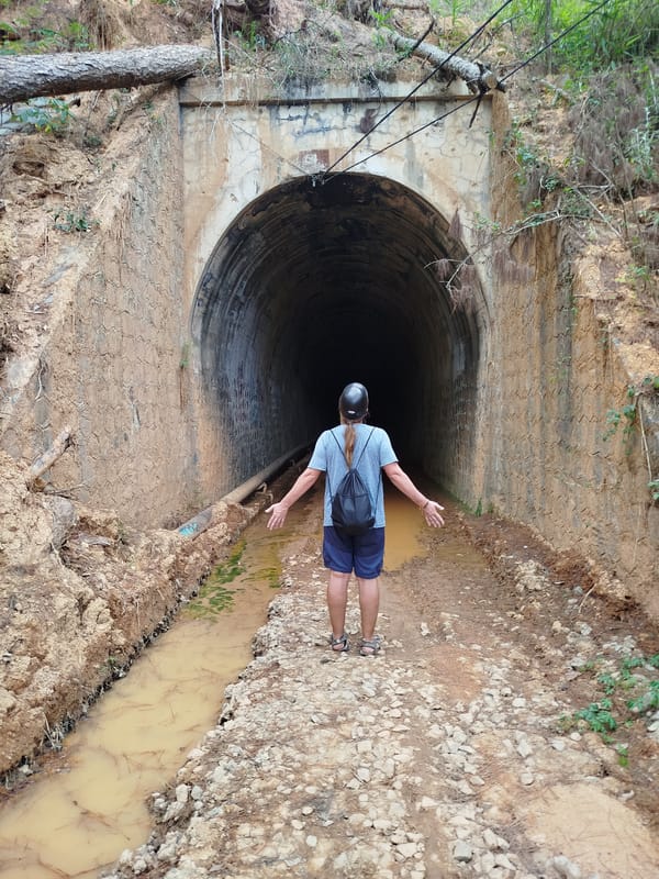 Person explores muddy tunnel system in Vietnamese forest