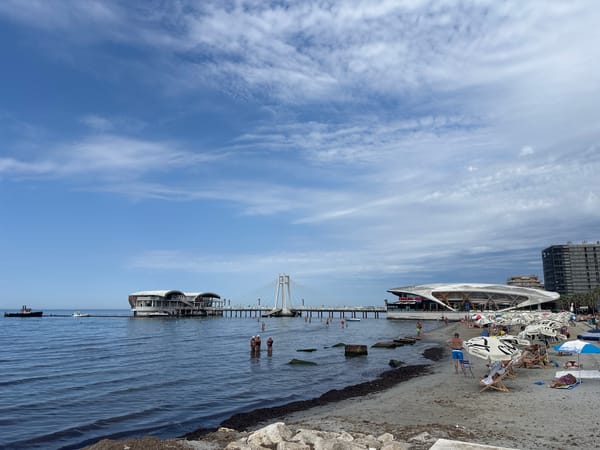Sunny morning at Durrës beach, with a wet dog nearby.
