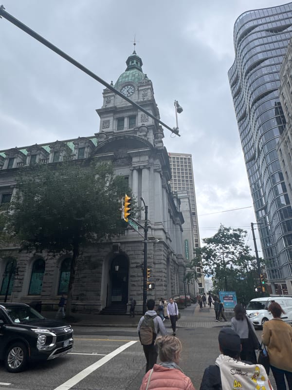 Downtown Vancouver streets and landmarks on a cloudy day