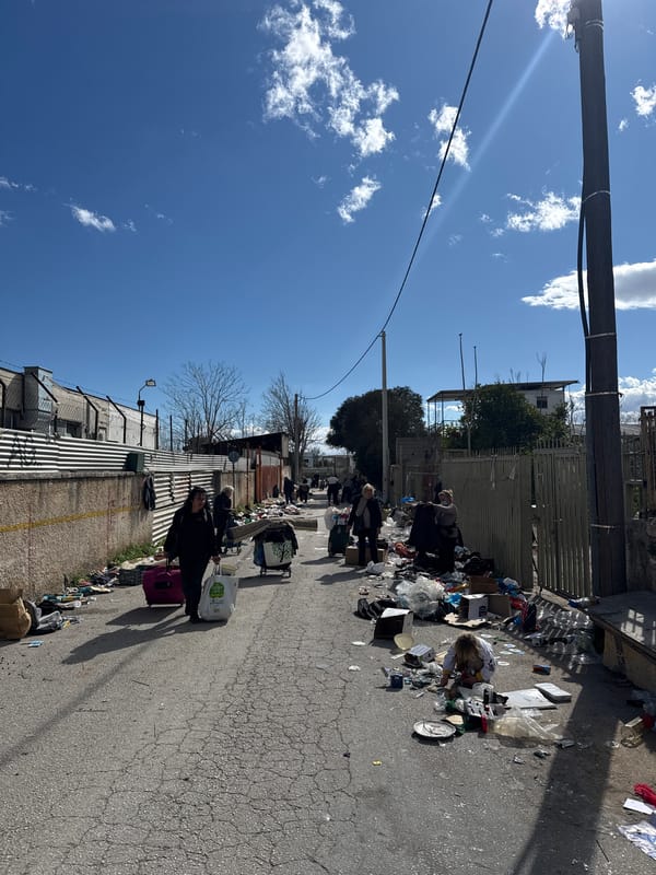 Makeshift encampments and scattered debris observed in Egaleo, Greece