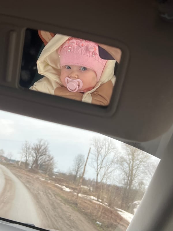Baby in pink hat spotted in car visor mirror, Гавриловка