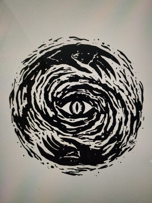 Artistic eye illustration with vortex pattern observed in Rubí