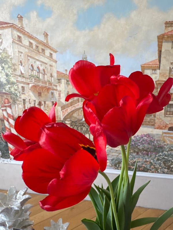 Red tulips placed before Venice mural in Saint Petersburg