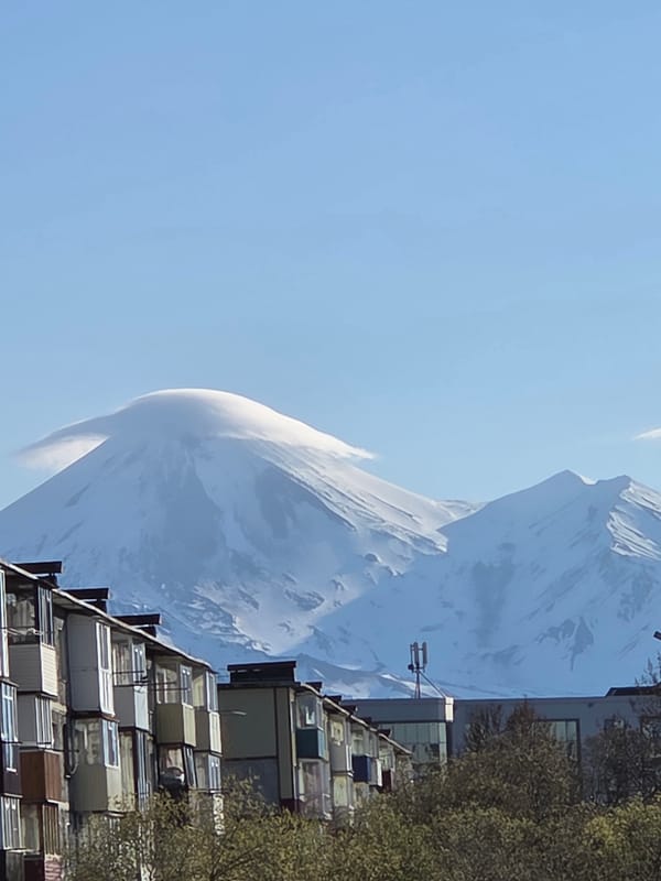 City life beneath snow-capped peaks documented in evening light
