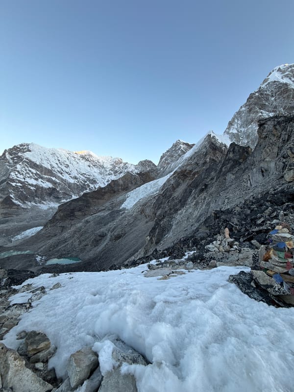 Himalayan sunrise captured from Khumjung, Nepal showing trekkers and peaks