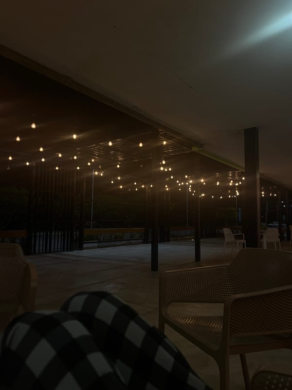 String lights illuminate outdoor patio area during nighttime hours