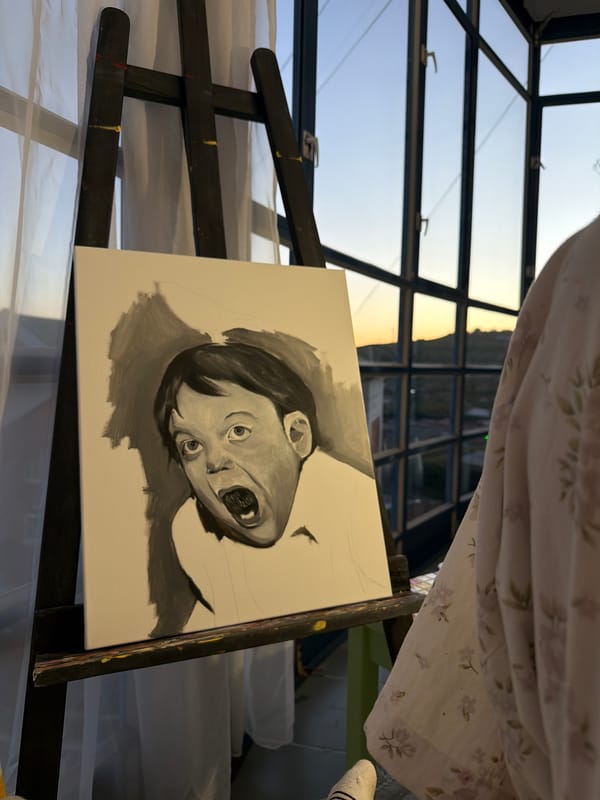 Grayscale portrait painting in progress, Krasnoyarsk studio