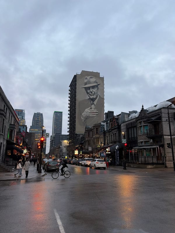 Wet evening street scene observed in Montreal featuring mural
