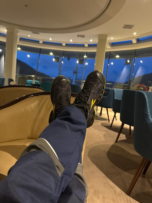 Person relaxing in leather chair wearing athletic shoes
