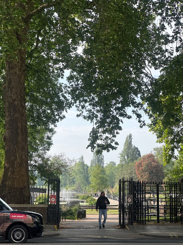 Morning scenes captured across central London include park, taxi, architecture
