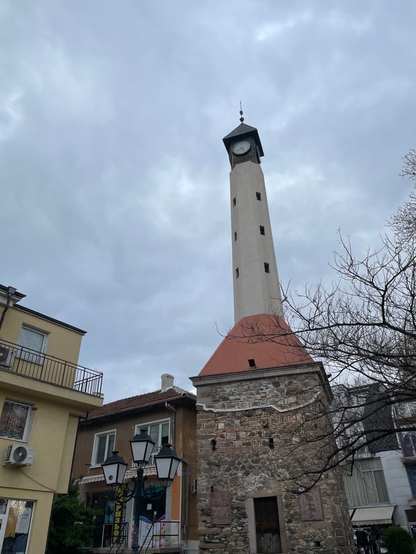 Clock tower photographed in Pazardzhik, Bulgaria