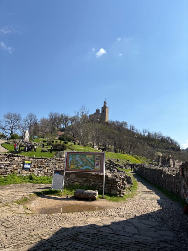 Tourist documents medieval fortress views in Veliko Tarnovo