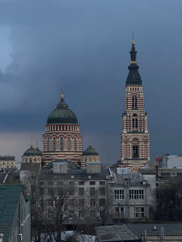 Historic Orthodox cathedrals documented in Kharkiv under overcast skies