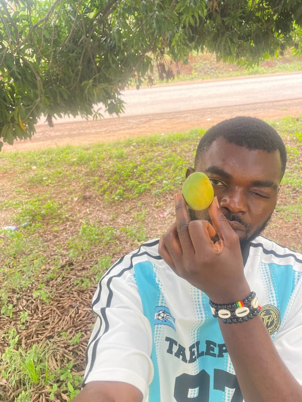 Man holds green mango in Nigerian countryside