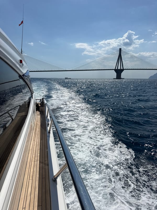 Sailing past the Rio-Antirrio Bridge on the Gulf of Corinth