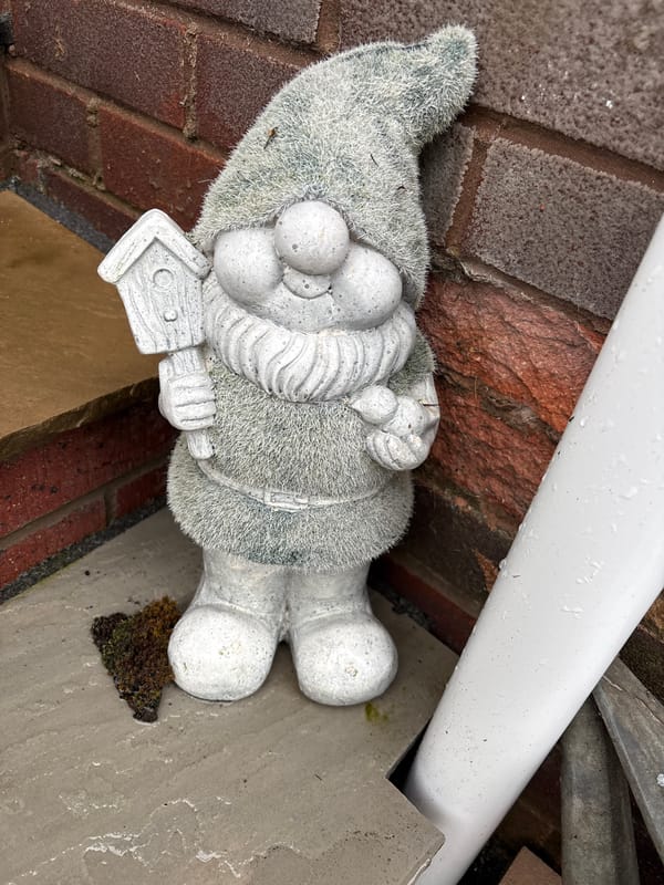 Textured grey garden gnome spotted in Minsterley
