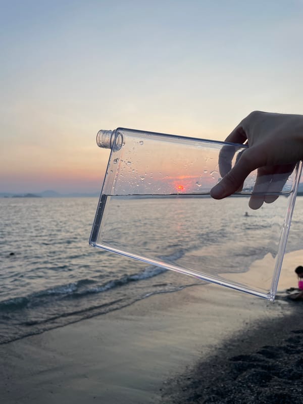 Water bottle held against a beach sunset, sky reflected inside