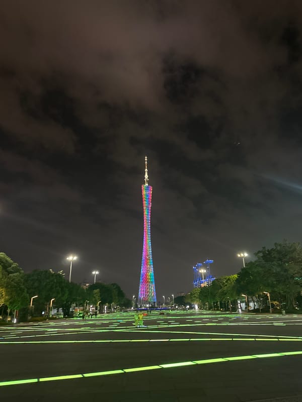 Nighttime Canton Tower illumination captured in Guangzhou's Tianhe District