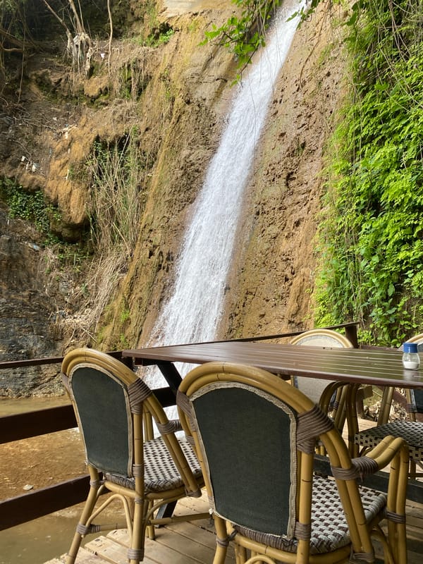 Waterfall and outdoor seating area observed in Alanya, Turkey