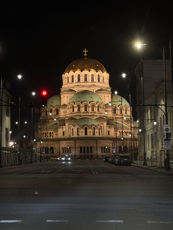 Alexander Nevsky Cathedral illuminated at night in Sofia