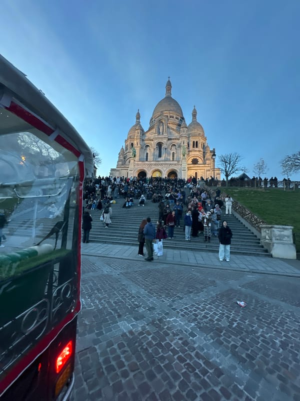 Tourist documents evening Paris visit with selfies and Montmartre sightseeing
