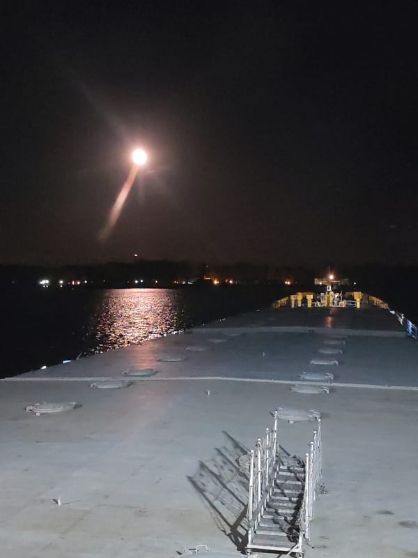 Moonlit night aboard Russian vessel Евгений Орловский documented May 2026