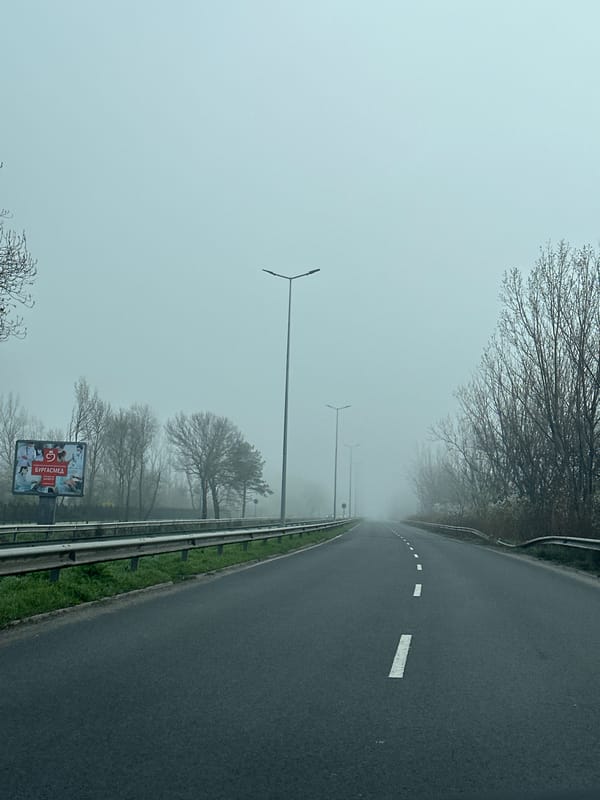 Dense fog blankets road in Burgas, Bulgaria early morning