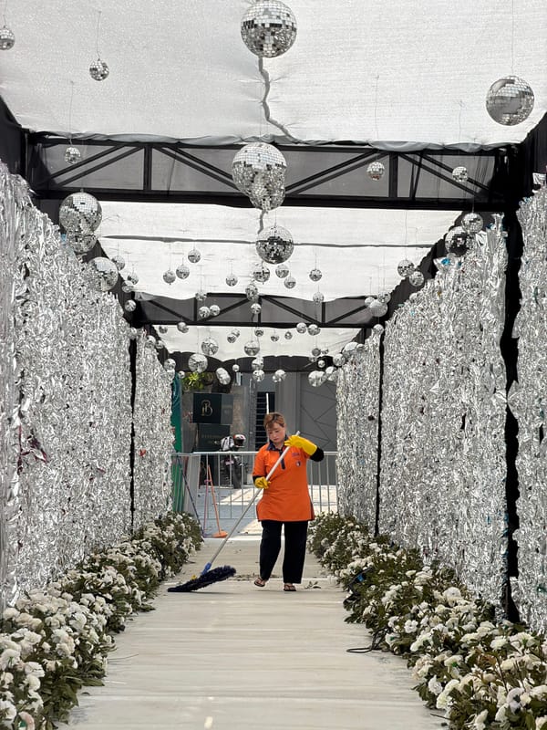 Morning cleanup in decorated venue in Kathmandu