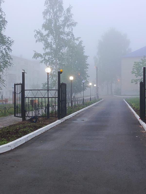 Early morning fog blankets Chaikovsky as witness documents quiet city