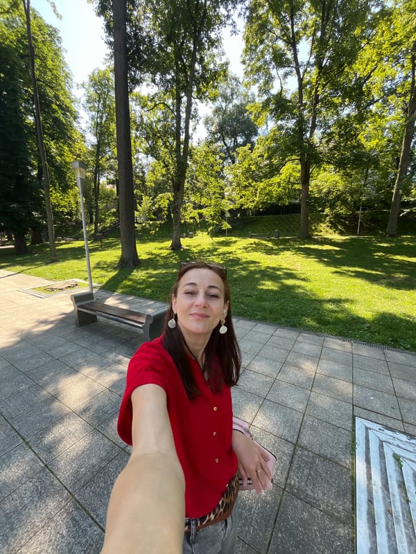 Sunny park morning: selfies, pigeons, and dogs on leashes
