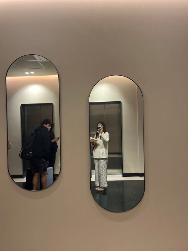Person takes selfie with phone using decorative mirrors indoors