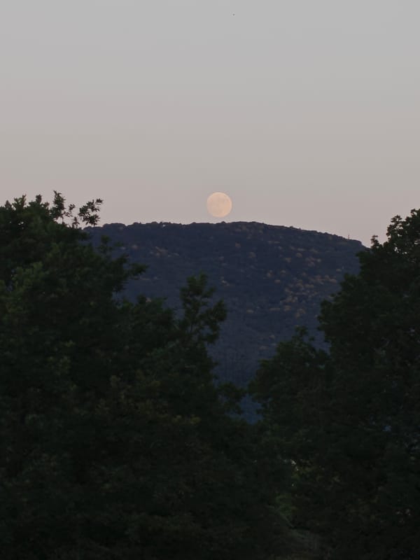 Full moon rising over a quiet Bulgarian village at dusk