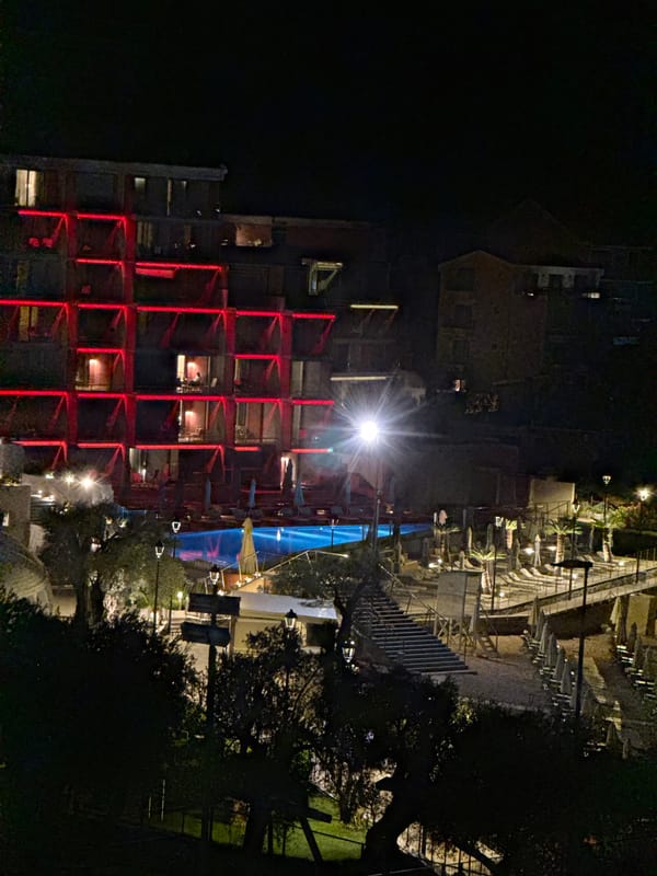 Late-night scenes across a quiet Montenegrin coastal resort