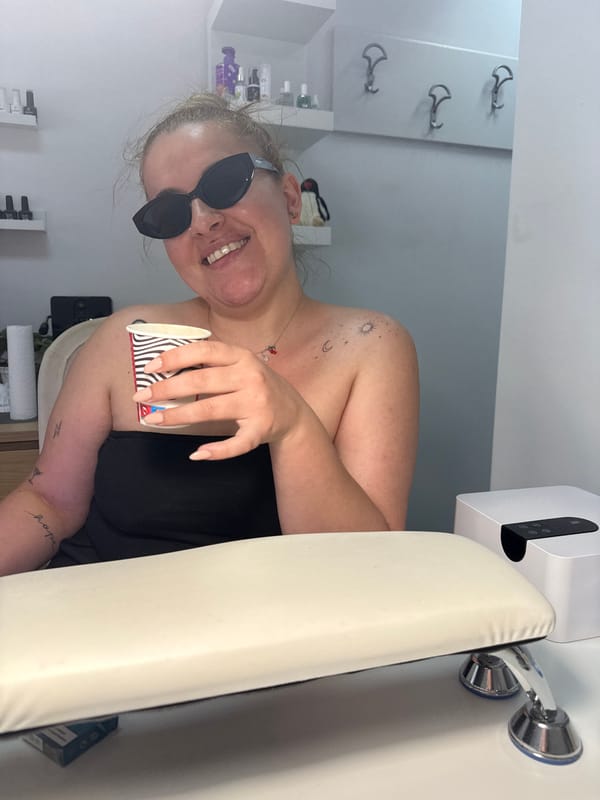 Ordinary morning moments captured in Burgas nail salon, woman with dog