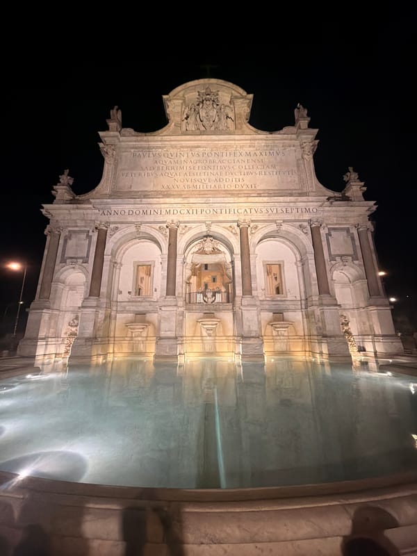 Roman fountain photographed at night on Janiculum Hill