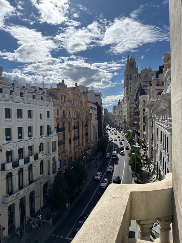 Elevated view captured of busy Gran Vía street in Madrid