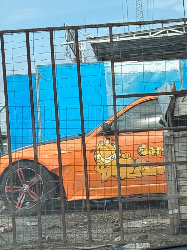 Garfield-decorated orange vehicle spotted behind fence in Burgas